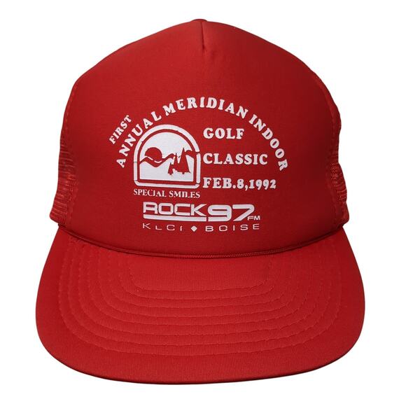 First Meridian Indoor Golf Classic 1992 Snapback Rope Trucker Hat Red OS Vintage - Picture 1 of 9